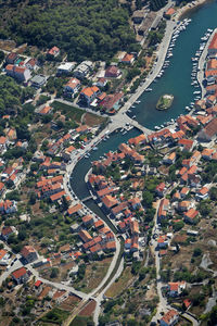 High angle view of road amidst buildings in city