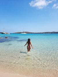 Rear view of man on beach against sky