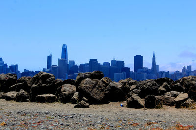 Panoramic view of cityscape against clear blue sky