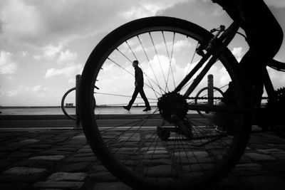 Silhouette people riding bicycle by sea against sky