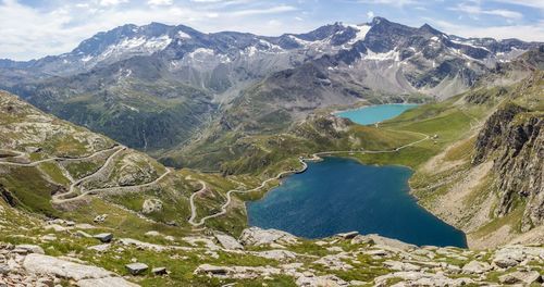 High angle view of lake and mountains