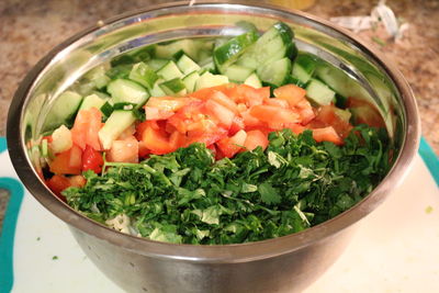 High angle view of salad in bowl on table