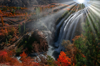 Scenic view of waterfall in forest. tortum waterfall in turkey.