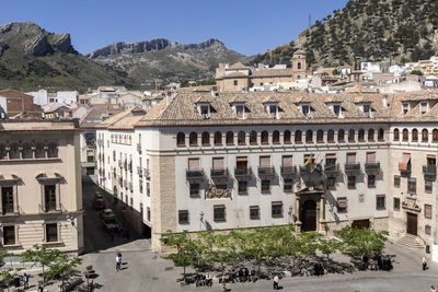 High angle view of buildings in city