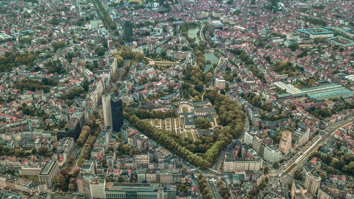 High angle view of townscape and trees in city