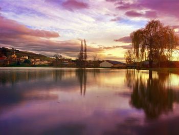 Scenic view of lake against cloudy sky