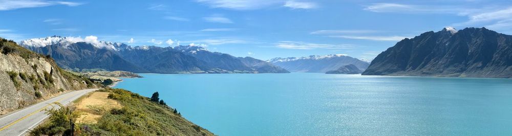 Panoramic view of sea and mountains against sky