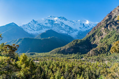 Scenic view of mountains against clear blue sky