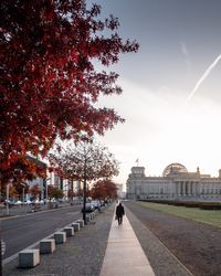 Rear view of man walking on footpath during autumn in city