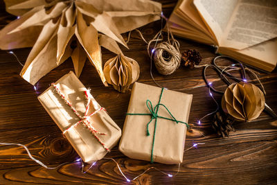 High angle view of christmas decorations on table