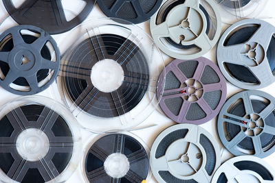 Full frame shot of film reels on table