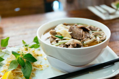 Close-up of meal served on table