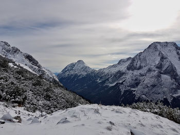 Scenic view of snowcapped mountains against sky