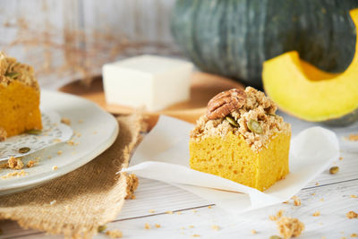 Close-up of cake in plate on table