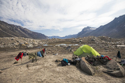 Campsite on a moraine in akshayak pass, canada.