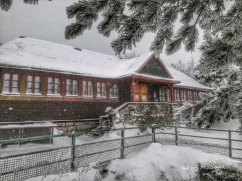 House on snow covered roof against building