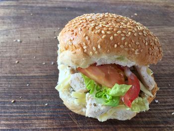 Close-up of burger on table