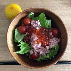 Directly above shot of salad in bowl on table