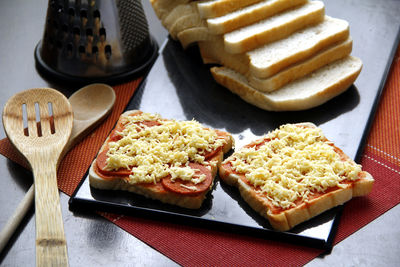 High angle view of breakfast served on table