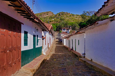 Street amidst houses in town against blue sky