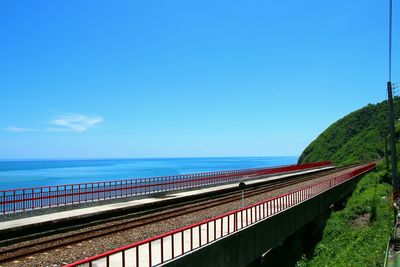 Railway bridge by sea against blue sky