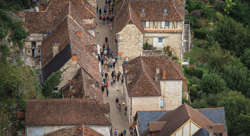 High angle view of old buildings in town