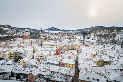 High angle view of townscape against sky during winter