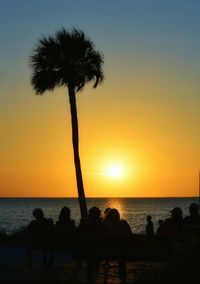 Silhouette palm trees on beach against clear sky at sunset