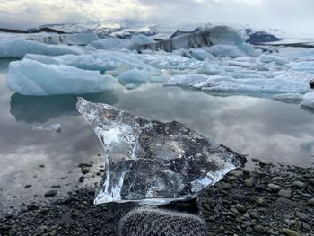 Close-up of ice by lake during winter