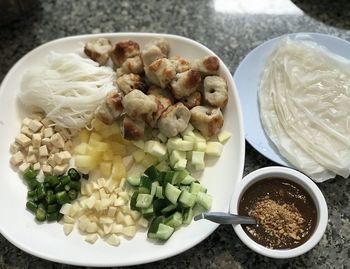 High angle view of meal served on table