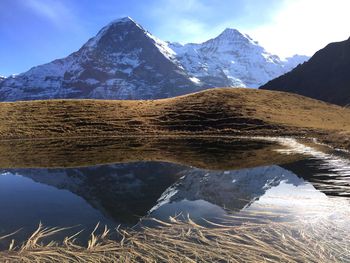 Scenic view of lake by snowcapped mountains against sky