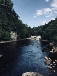 River flowing through rocks in forest against sky