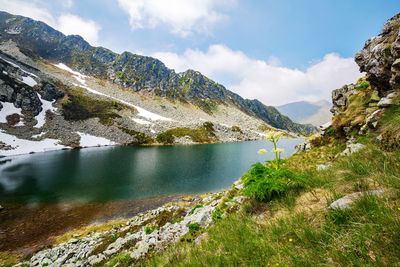 Scenic view of lake by mountains against sky