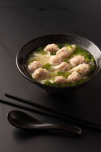 High angle view of rice in bowl on table