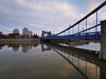 Bridge over river by buildings against sky