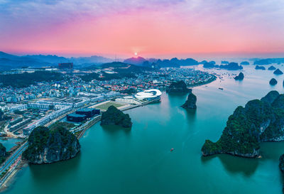 High angle view of city at waterfront