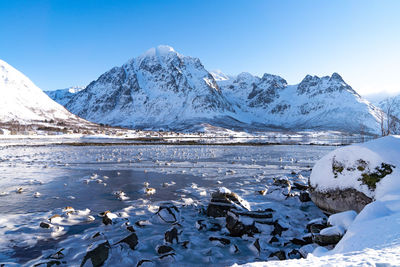 Scenic view of snowcapped mountains against sky