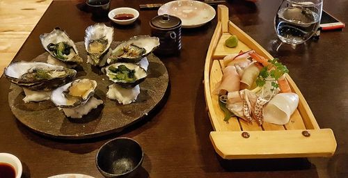 High angle view of food served on table