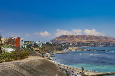 Panoramic shot of sea and buildings against blue sky