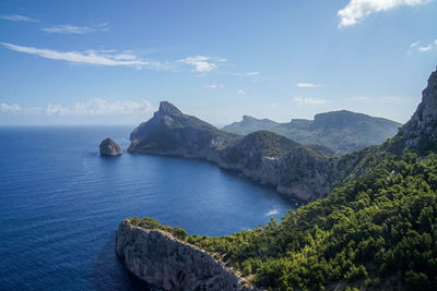 Scenic view of sea and mountains against sky