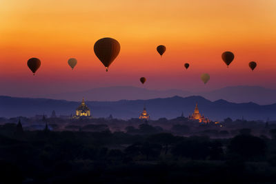 Sunset many hot air balloon with stupas in bagan, myanmar. space for text. nyaung-u, myanmar.