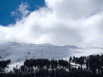 Panoramic view of trees on snow covered landscape against cloudy sky