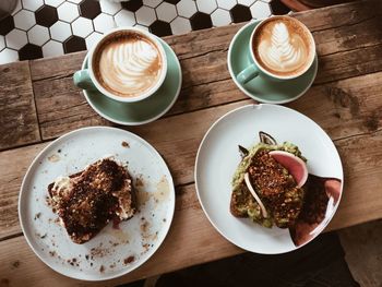 High angle view of breakfast served on table