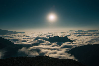 Scenic view of snowcapped mountains against sky at night