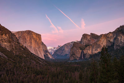 Panoramic view of yosemite valley against sky during sunset 