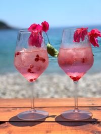 Close-up of wine glass on table against sky