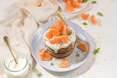 High angle view of food in plate on table