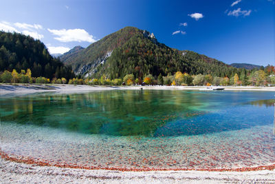 Scenic view of lake and mountains against blue sky