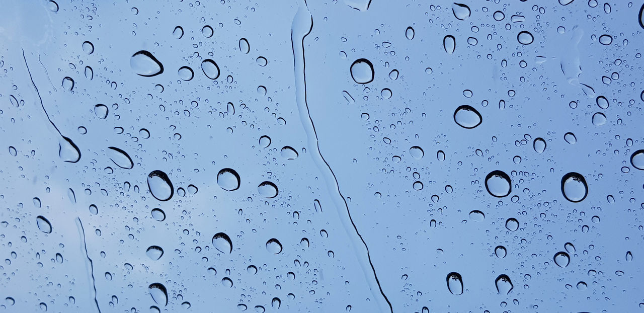 drop, water, wet, close-up, backgrounds, no people, transparent, window, rain, glass, full frame, nature, indoors, raindrop, pattern, blue, purity, freshness, black and white, simplicity