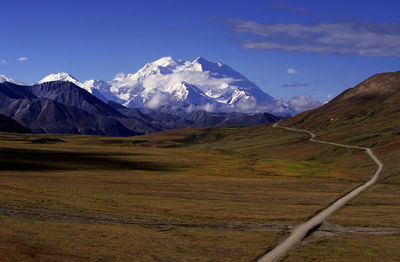 Scenic view of snowcapped mountains against sky